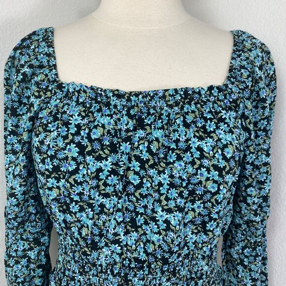 SO Baby Doll Top Large Blue Floral Crop Long Sleeves Fairy Goth Milkmaid Boho - Picture 2 of 15